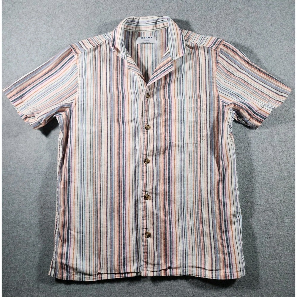 Old Navy Men's Button Up Shirt, S, Multi Color Stripe, Short Sleeve, Linen Blend